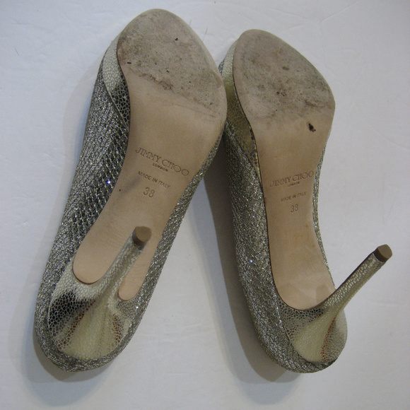 JIMMY CHOO Luna Champagne Gltter Peep Toe Size 38